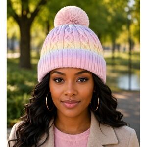 Pastel Rainbow Ombre Cable Knit Beanie with Faux Fur Pom Pom Pink Lavender Hat